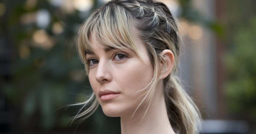 A woman with a ponytail and curtain bangs, showcasing subtle highlights in her hair, exuding a stylish and modern look.