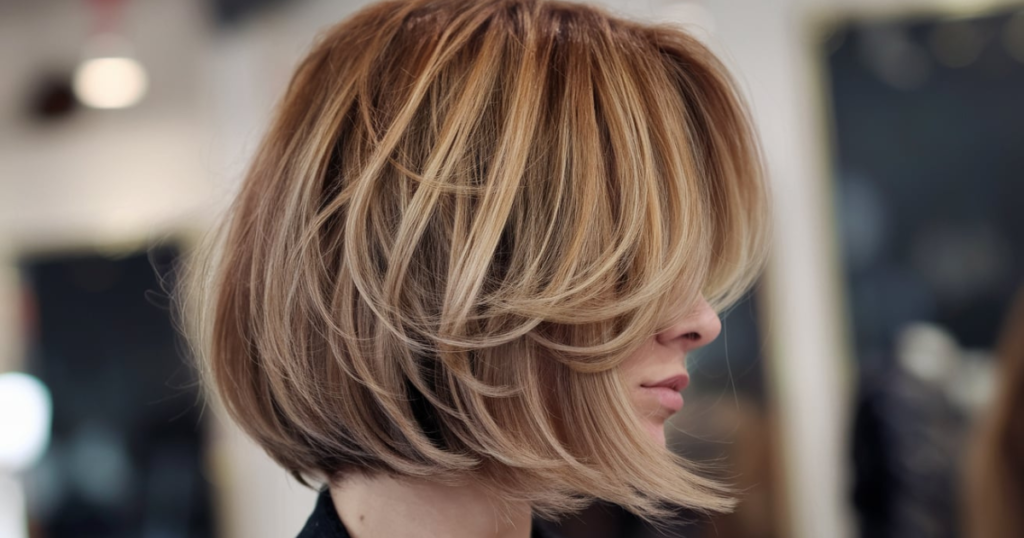 A woman with a shoulder-length bob with flipped layers is seated in a salon, showcasing her stylish haircut.