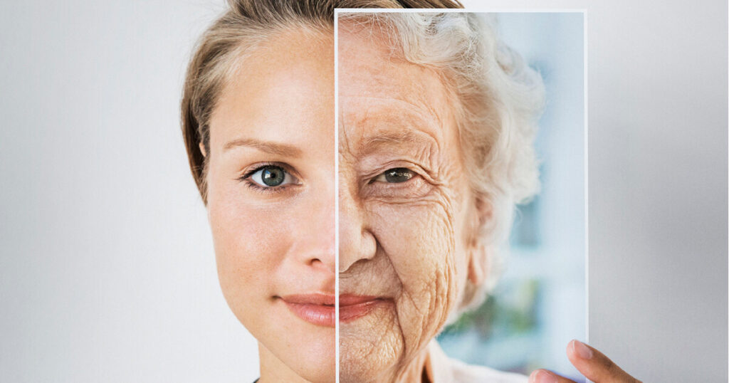 A woman displays a photo of an older woman, illustrating "How a Woman’s Hair Changes with Age" through visual comparison.