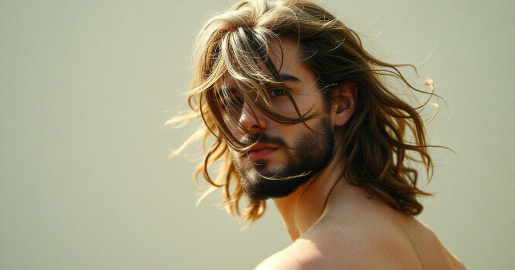 A man with long curly hair and a beard, showcasing a relaxed and natural appearance in a serene outdoor setting.